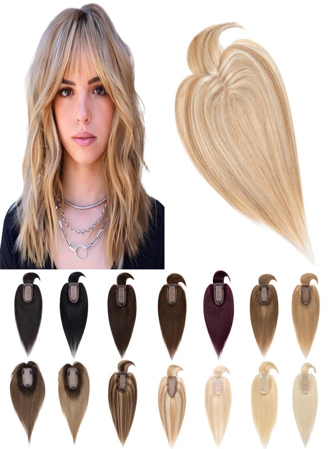 SEGO Hair Toppers for Women Real Human Hair With Bangs, 7 * 13CM Silk Base 100% Remy Human Hair Clip in Top Wiglet Hairpieces Add Volume -6 Inch Golden Brown&Bleach Blonde - Image 1